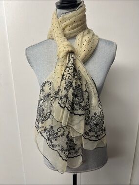 Elegant Cream Scarf with Black Embroidered Pattern